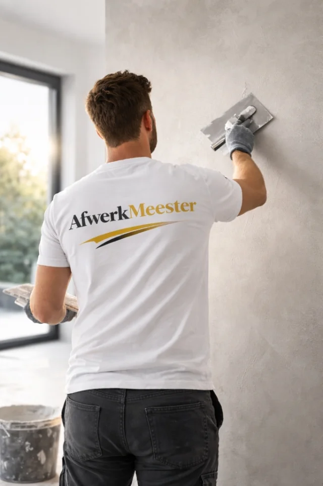 Vakman die strak pleisterwerk aanbrengt op een binnenwand.